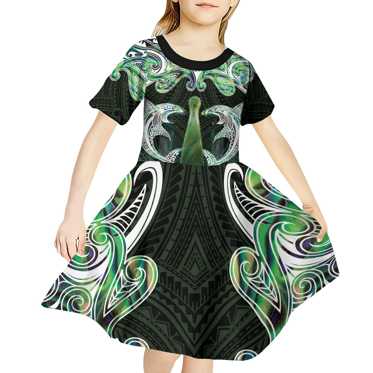 New Zealand Mere Pounamu Weapon Kid Short Sleeve Dress Aotearoa Mango Paua Shell Maori Pattern LT22 - Polynesian Pride
