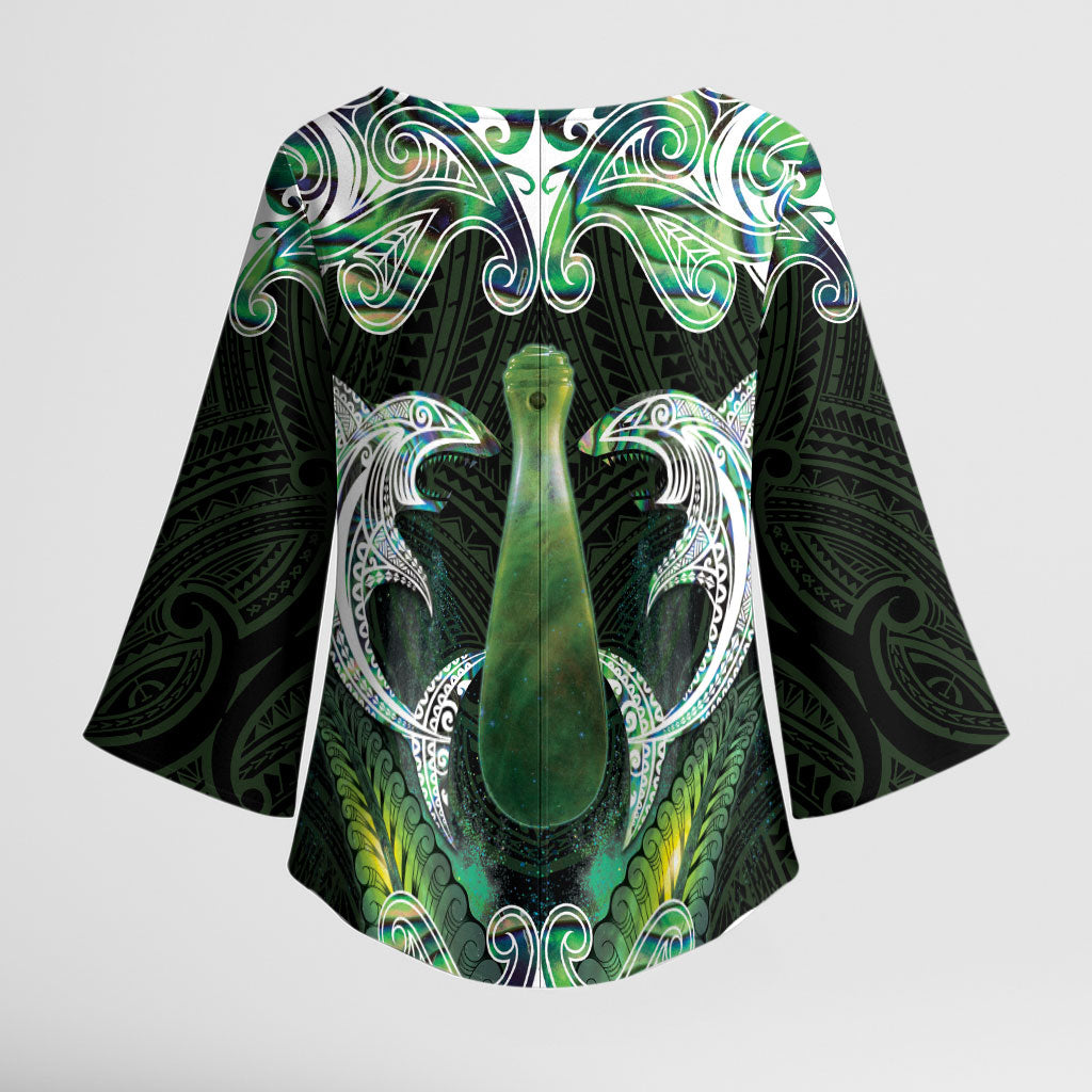 New Zealand Mere Pounamu Weapon Kimono Sleeve Blouse Aotearoa Mango Paua Shell Maori Pattern LT22 - Polynesian Pride