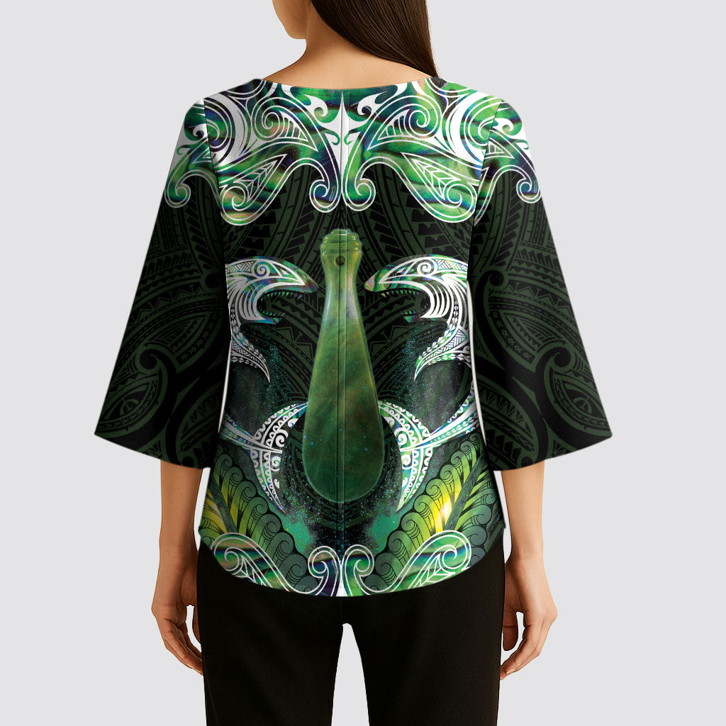 New Zealand Mere Pounamu Weapon Kimono Sleeve Blouse Aotearoa Mango Paua Shell Maori Pattern LT22 - Polynesian Pride