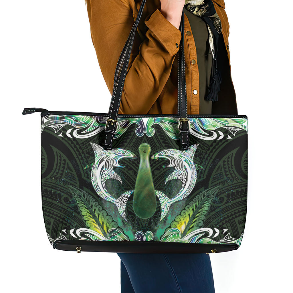 New Zealand Mere Pounamu Weapon Leather Tote Bag Aotearoa Mango Paua Shell Maori Pattern LT22 - Polynesian Pride