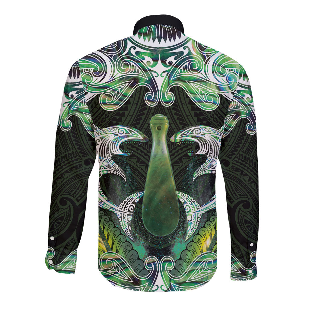 New Zealand Mere Pounamu Weapon Long Sleeve Button Shirt Aotearoa Mango Paua Shell Maori Pattern LT22 - Polynesian Pride