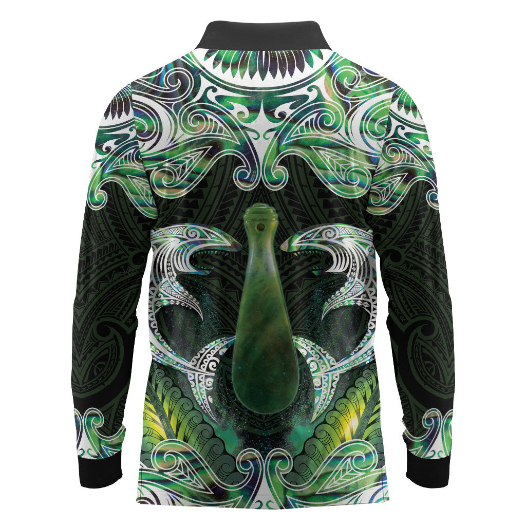 New Zealand Mere Pounamu Weapon Long Sleeve Polo Shirt Aotearoa Mango Paua Shell Maori Pattern LT22 - Polynesian Pride