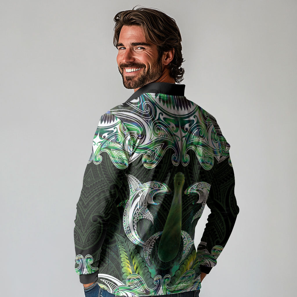 New Zealand Mere Pounamu Weapon Long Sleeve Polo Shirt Aotearoa Mango Paua Shell Maori Pattern LT22 - Polynesian Pride