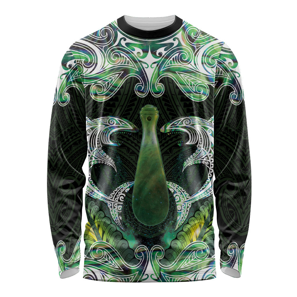 New Zealand Mere Pounamu Weapon Long Sleeve Shirt Aotearoa Mango Paua Shell Maori Pattern LT22 Unisex Green - Polynesian Pride