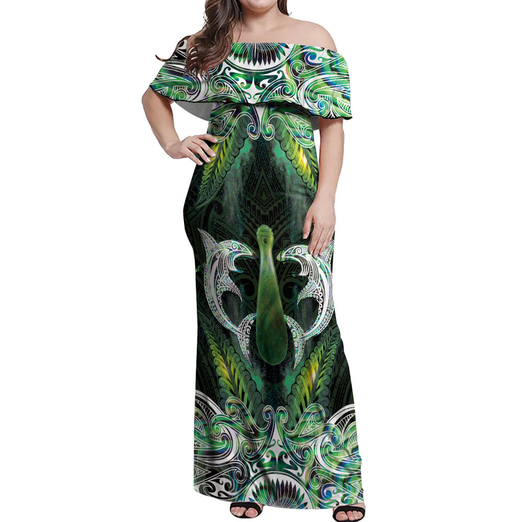 New Zealand Mere Pounamu Weapon Off Shoulder Maxi Dress Aotearoa Mango Paua Shell Maori Pattern LT22 Women Green - Polynesian Pride