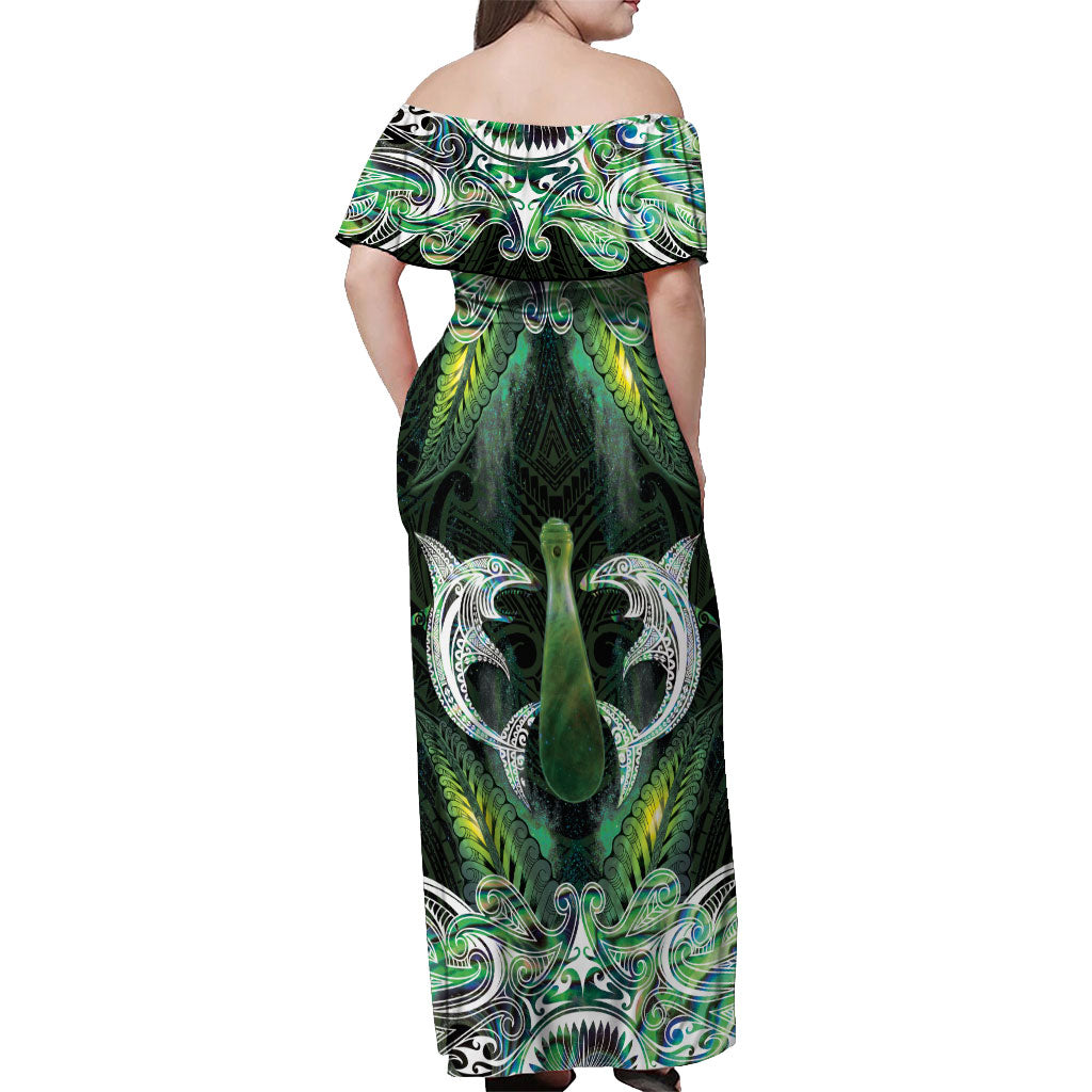 New Zealand Mere Pounamu Weapon Off Shoulder Maxi Dress Aotearoa Mango Paua Shell Maori Pattern LT22 - Polynesian Pride