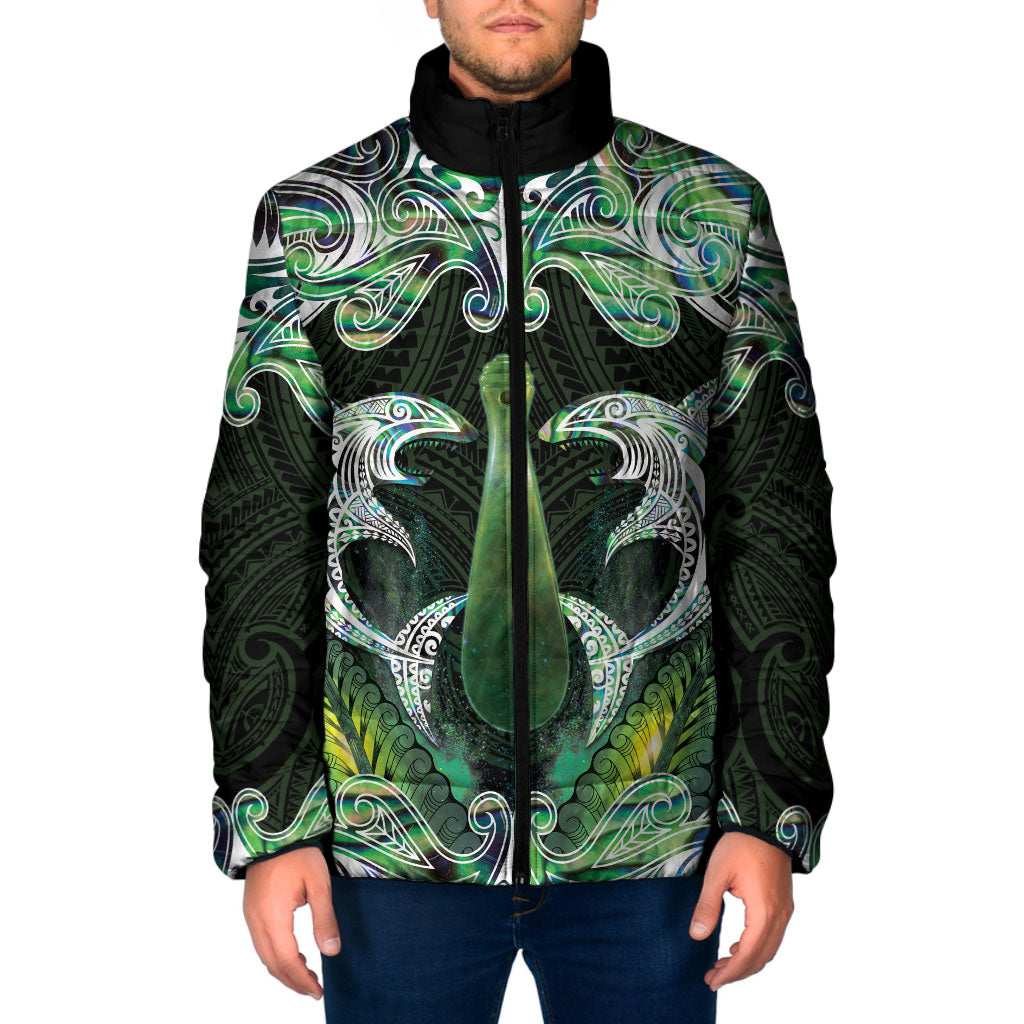 New Zealand Mere Pounamu Weapon Padded Jacket Aotearoa Mango Paua Shell Maori Pattern LT22 Men Green - Polynesian Pride