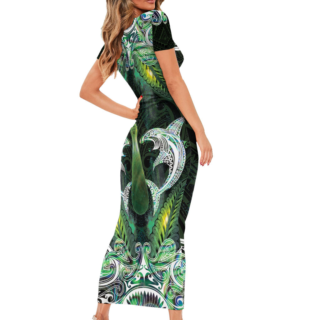 New Zealand Mere Pounamu Weapon Short Sleeve Bodycon Dress Aotearoa Mango Paua Shell Maori Pattern LT22 - Polynesian Pride