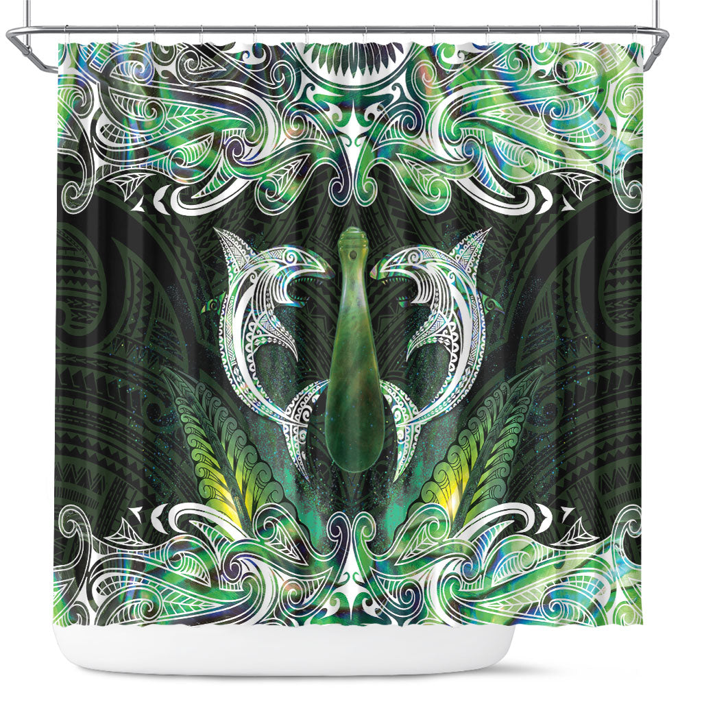 New Zealand Mere Pounamu Weapon Shower Curtain Aotearoa Mango Paua Shell Maori Pattern LT22 Green - Polynesian Pride