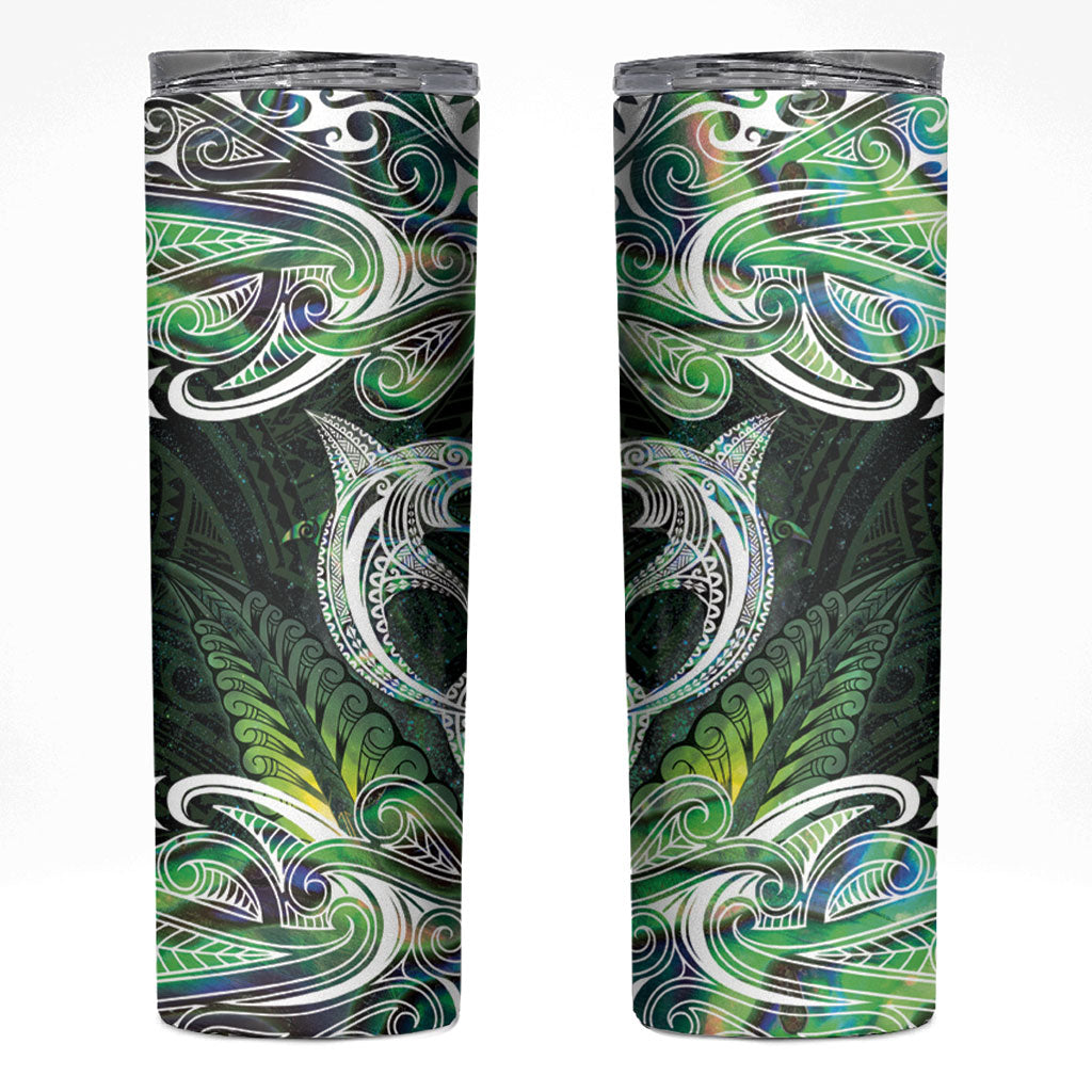 New Zealand Mere Pounamu Weapon Skinny Tumbler Aotearoa Mango Paua Shell Maori Pattern LT22 Green - Polynesian Pride