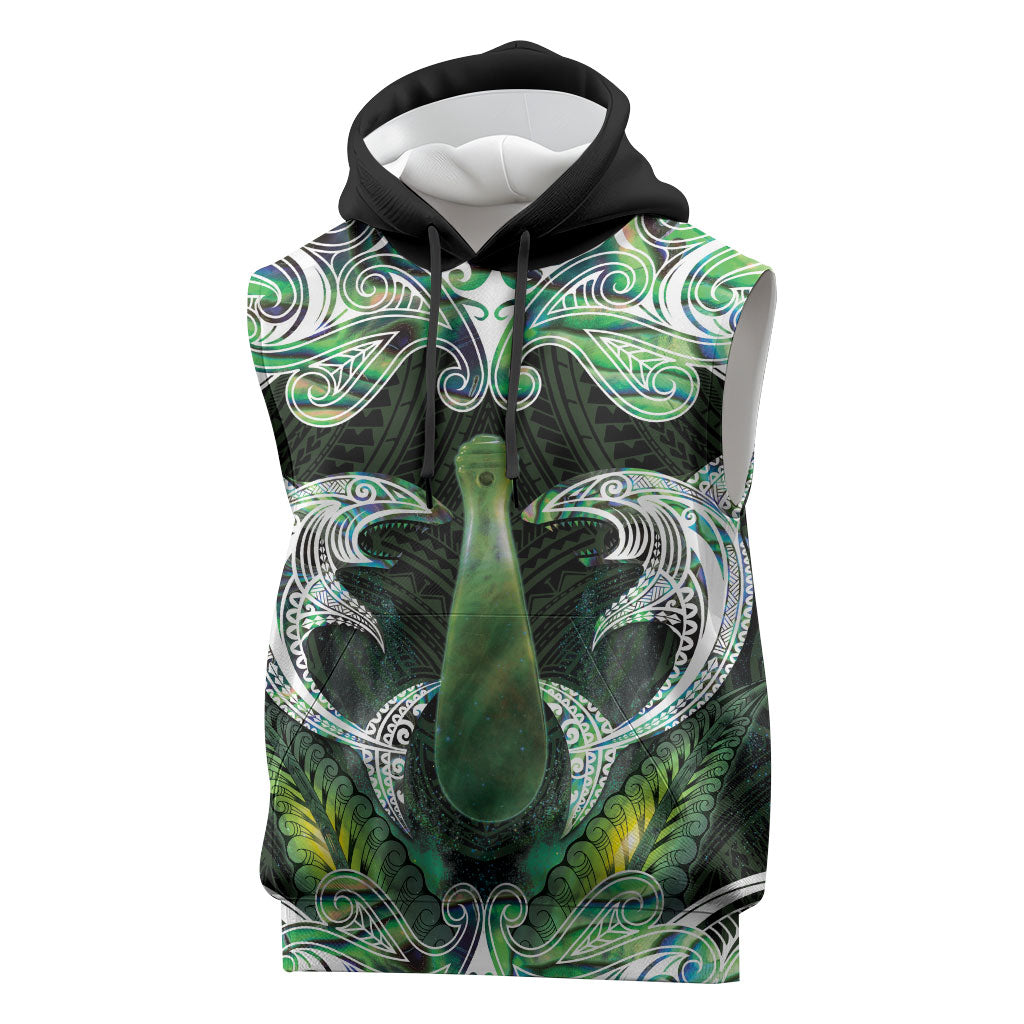 New Zealand Mere Pounamu Weapon Sleeveless Hoodie Aotearoa Mango Paua Shell Maori Pattern LT22 Green - Polynesian Pride