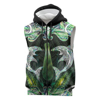New Zealand Mere Pounamu Weapon Sleeveless Zip Hoodie Aotearoa Mango Paua Shell Maori Pattern LT22 Green - Polynesian Pride