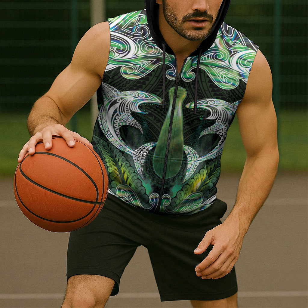 New Zealand Mere Pounamu Weapon Sleeveless Zip Hoodie Aotearoa Mango Paua Shell Maori Pattern LT22 - Polynesian Pride