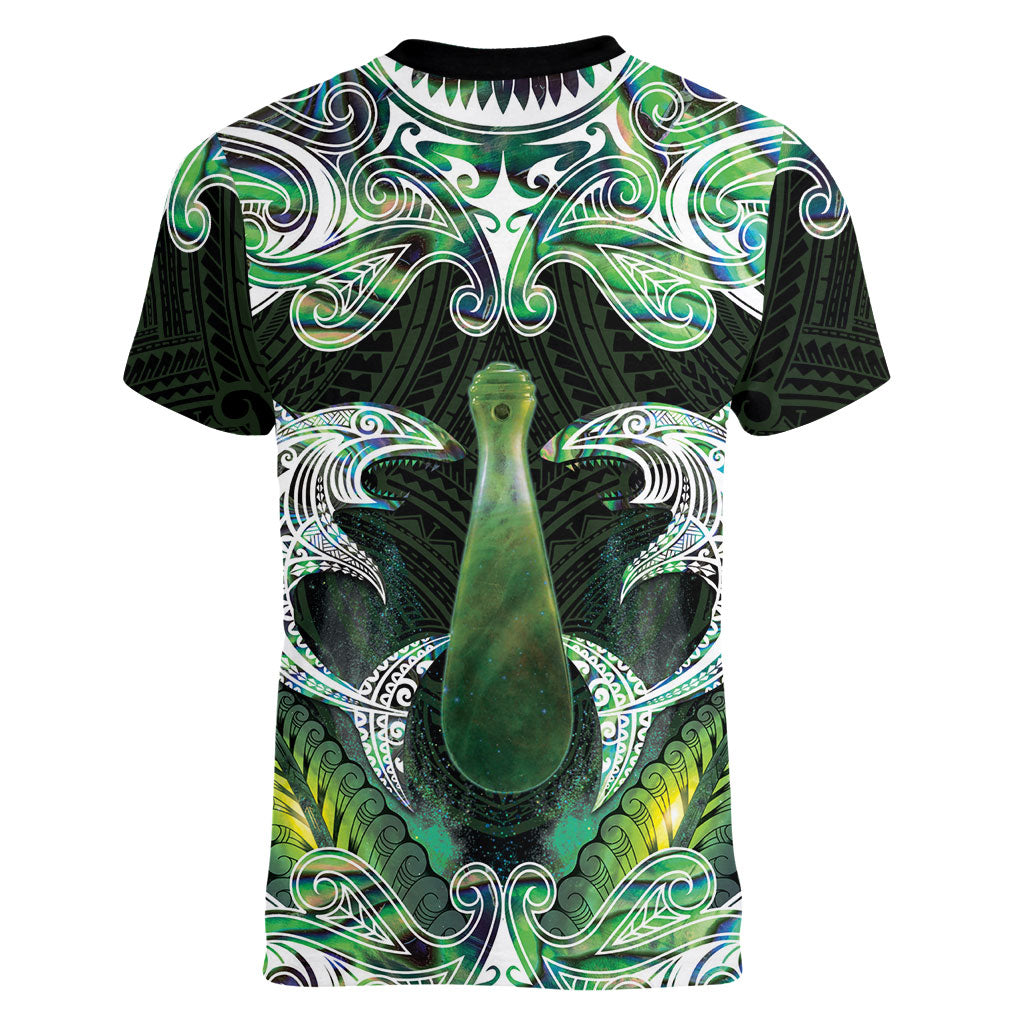 New Zealand Mere Pounamu Weapon Women V-Neck T-Shirt Aotearoa Mango Paua Shell Maori Pattern LT22 - Polynesian Pride