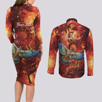 New Zealand Kea Bird Matariki Personalised Couples Matching Long Sleeve Bodycon Dress and Long Sleeve Button Shirt Silver Fern Maori Pattern