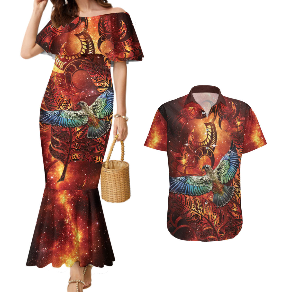 New Zealand Kea Bird Matariki Personalised Couples Matching Mermaid Dress and Hawaiian Shirt Silver Fern Maori Pattern