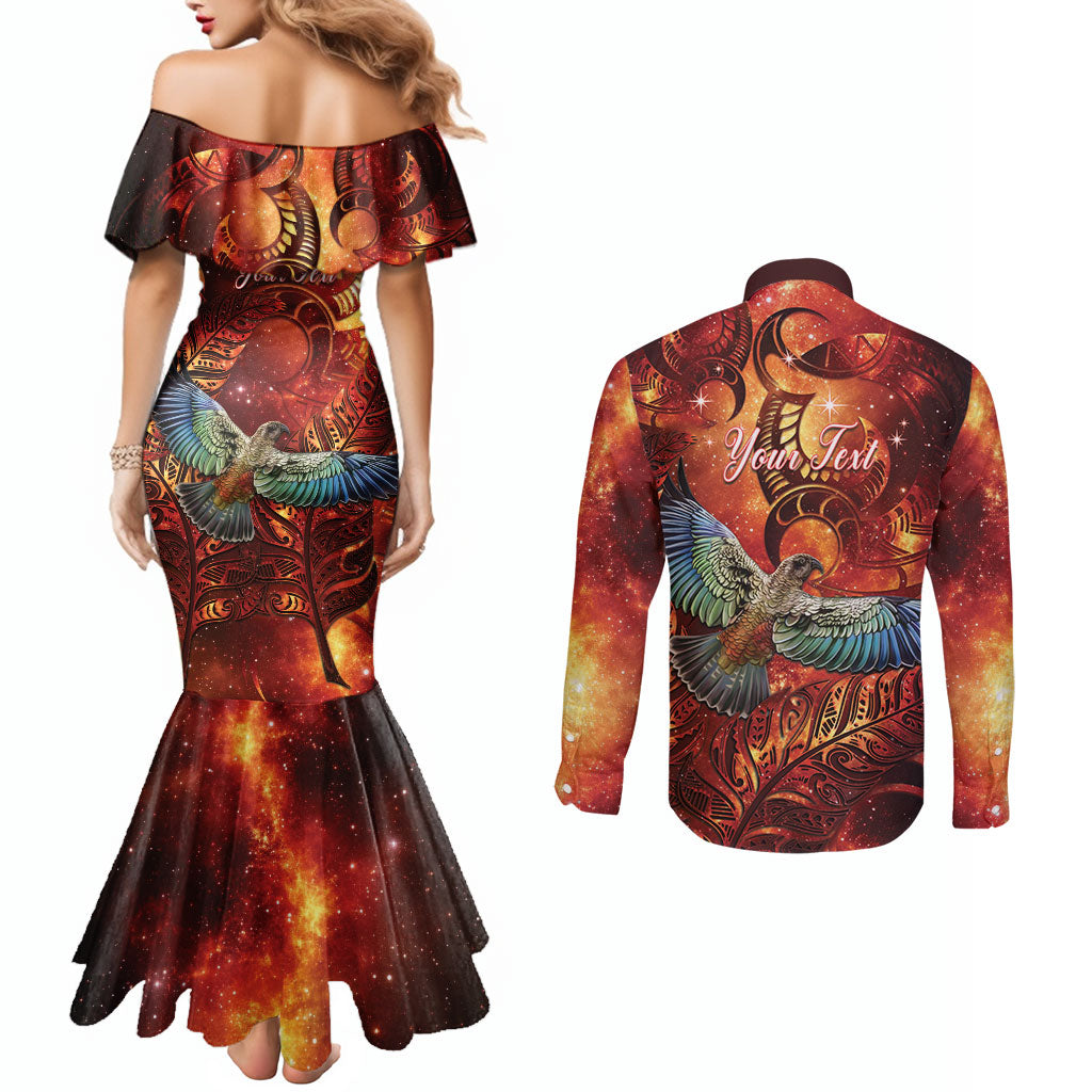 New Zealand Kea Bird Matariki Personalised Couples Matching Mermaid Dress and Long Sleeve Button Shirt Silver Fern Maori Pattern LT22 - Polynesian Pride