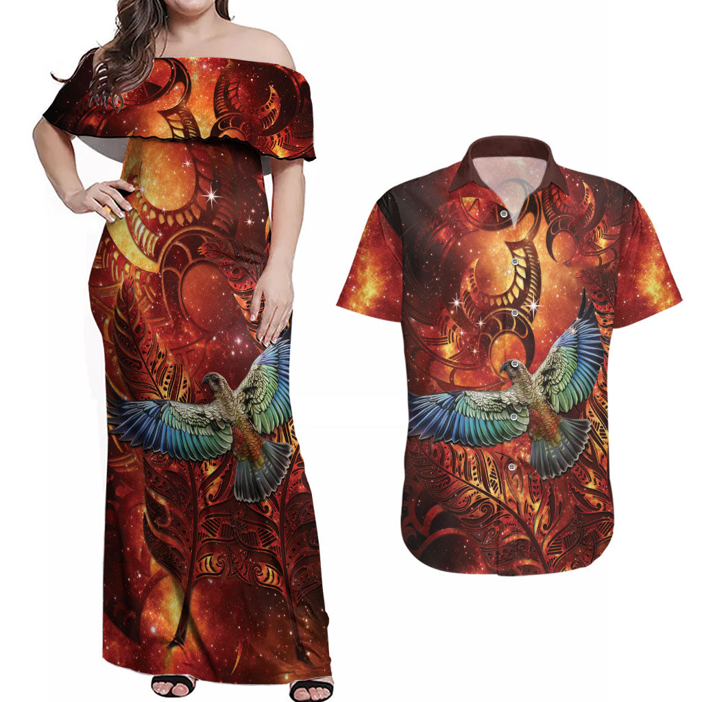 New Zealand Kea Bird Matariki Personalised Couples Matching Off Shoulder Maxi Dress and Hawaiian Shirt Silver Fern Maori Pattern