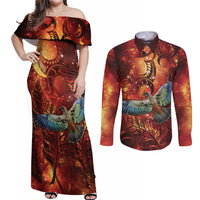 New Zealand Kea Bird Matariki Personalised Couples Matching Off Shoulder Maxi Dress and Long Sleeve Button Shirt Silver Fern Maori Pattern LT22 Orange - Polynesian Pride