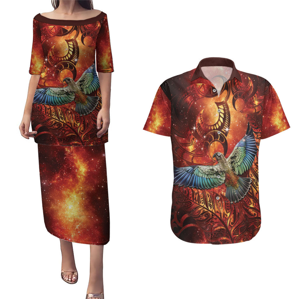 New Zealand Kea Bird Matariki Personalised Couples Matching Puletasi and Hawaiian Shirt Silver Fern Maori Pattern LT22 Orange - Polynesian Pride