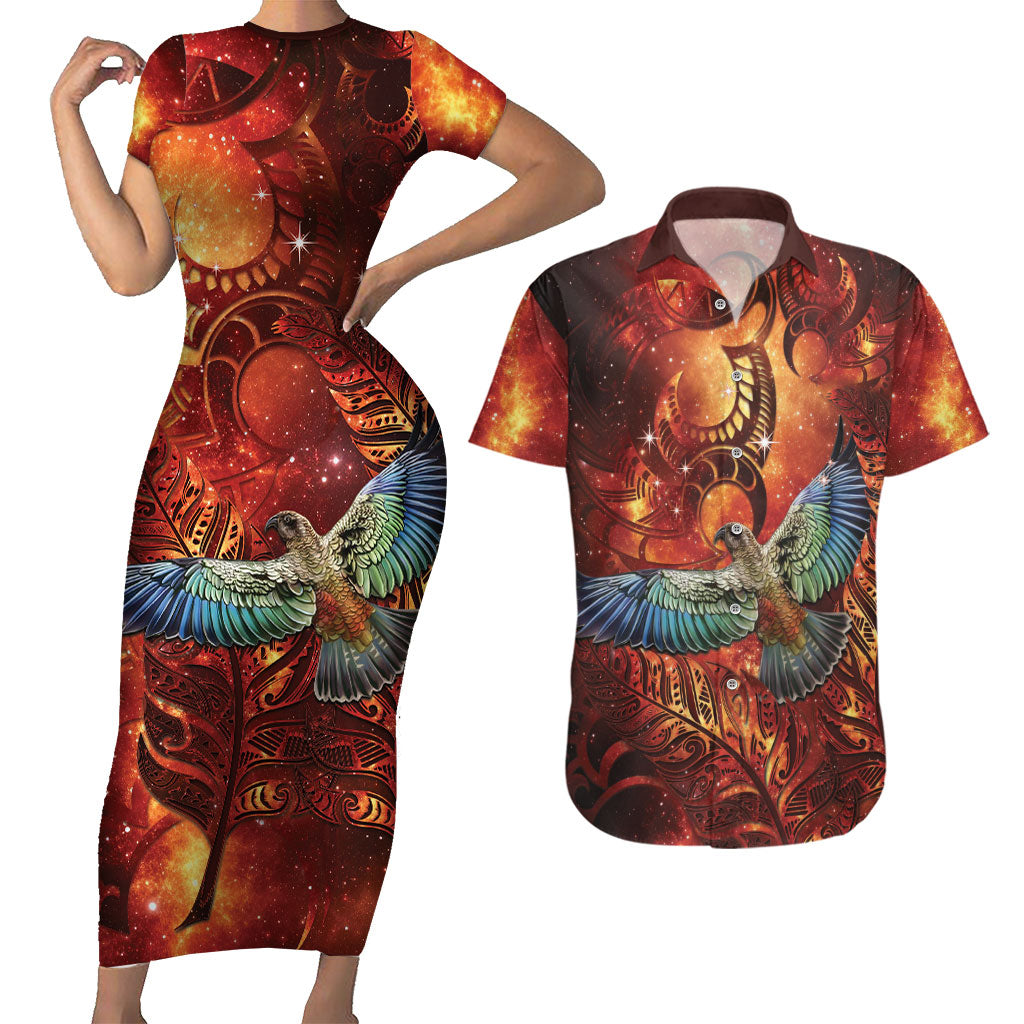 New Zealand Kea Bird Matariki Personalised Couples Matching Short Sleeve Bodycon Dress and Hawaiian Shirt Silver Fern Maori Pattern