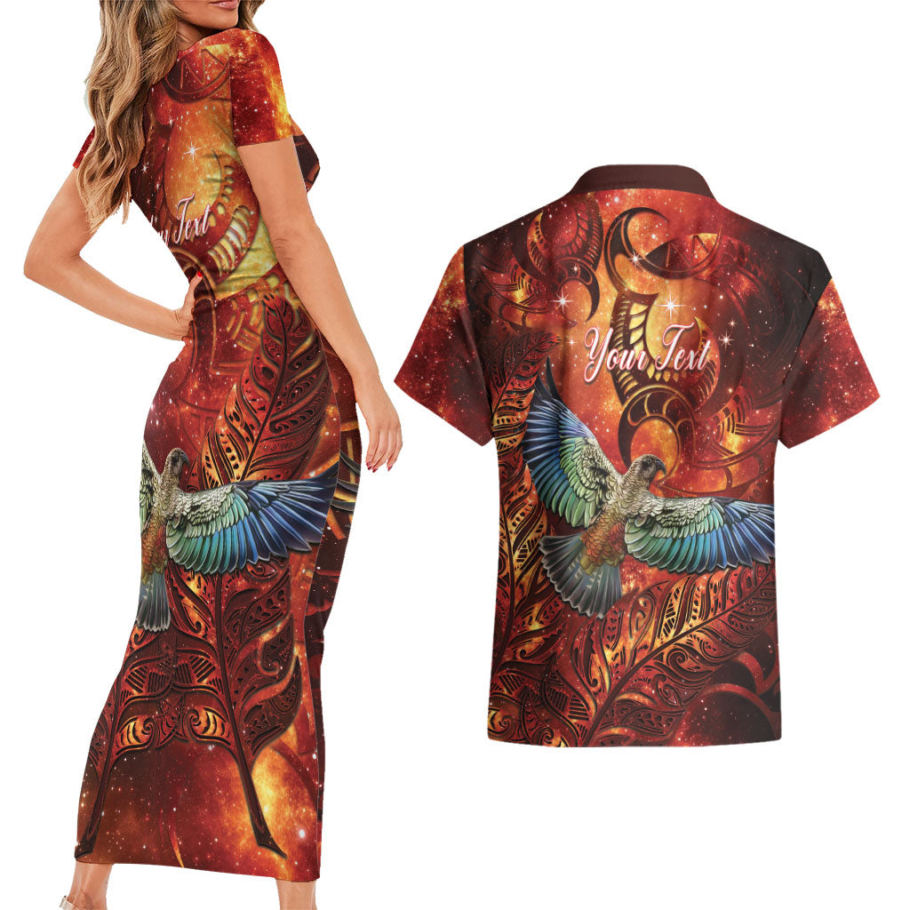 New Zealand Kea Bird Matariki Personalised Couples Matching Short Sleeve Bodycon Dress and Hawaiian Shirt Silver Fern Maori Pattern