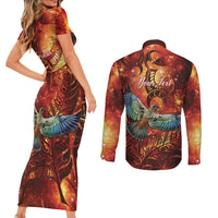 New Zealand Kea Bird Matariki Personalised Couples Matching Short Sleeve Bodycon Dress and Long Sleeve Button Shirt Silver Fern Maori Pattern