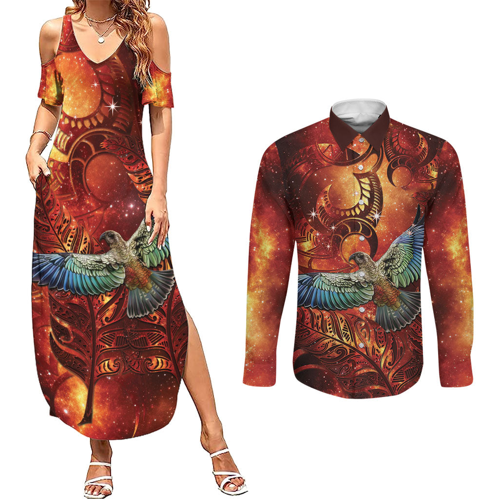 New Zealand Kea Bird Matariki Personalised Couples Matching Summer Maxi Dress and Long Sleeve Button Shirt Silver Fern Maori Pattern LT22 Orange - Polynesian Pride