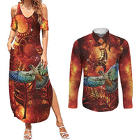 New Zealand Kea Bird Matariki Personalised Couples Matching Summer Maxi Dress and Long Sleeve Button Shirt Silver Fern Maori Pattern LT22 Orange - Polynesian Pride