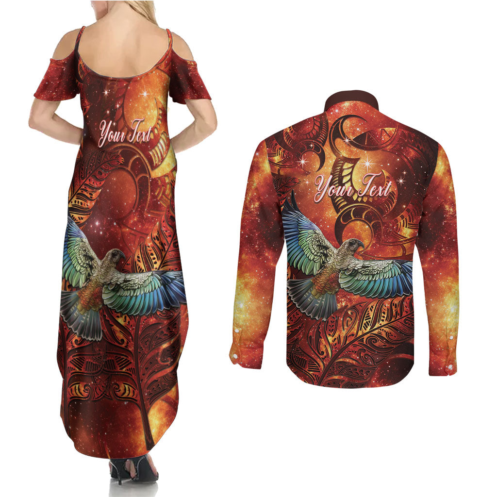 New Zealand Kea Bird Matariki Personalised Couples Matching Summer Maxi Dress and Long Sleeve Button Shirt Silver Fern Maori Pattern LT22 - Polynesian Pride