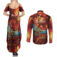 New Zealand Kea Bird Matariki Personalised Couples Matching Summer Maxi Dress and Long Sleeve Button Shirt Silver Fern Maori Pattern LT22 - Polynesian Pride