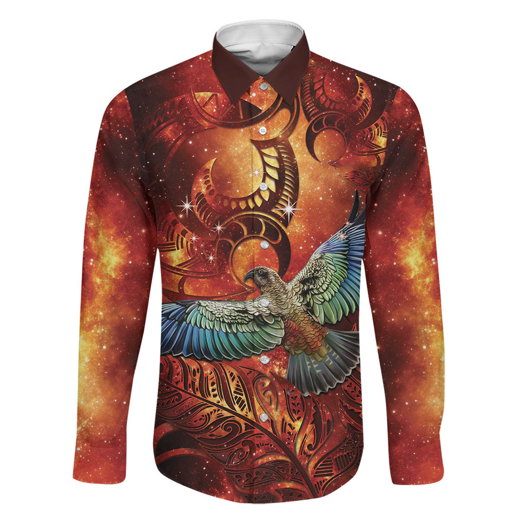 New Zealand Kea Bird Matariki Personalised Family Matching Short Sleeve Bodycon Dress and Hawaiian Shirt Silver Fern Maori Pattern LT22 Dad's Shirt - Long Sleeve Orange - Polynesian Pride