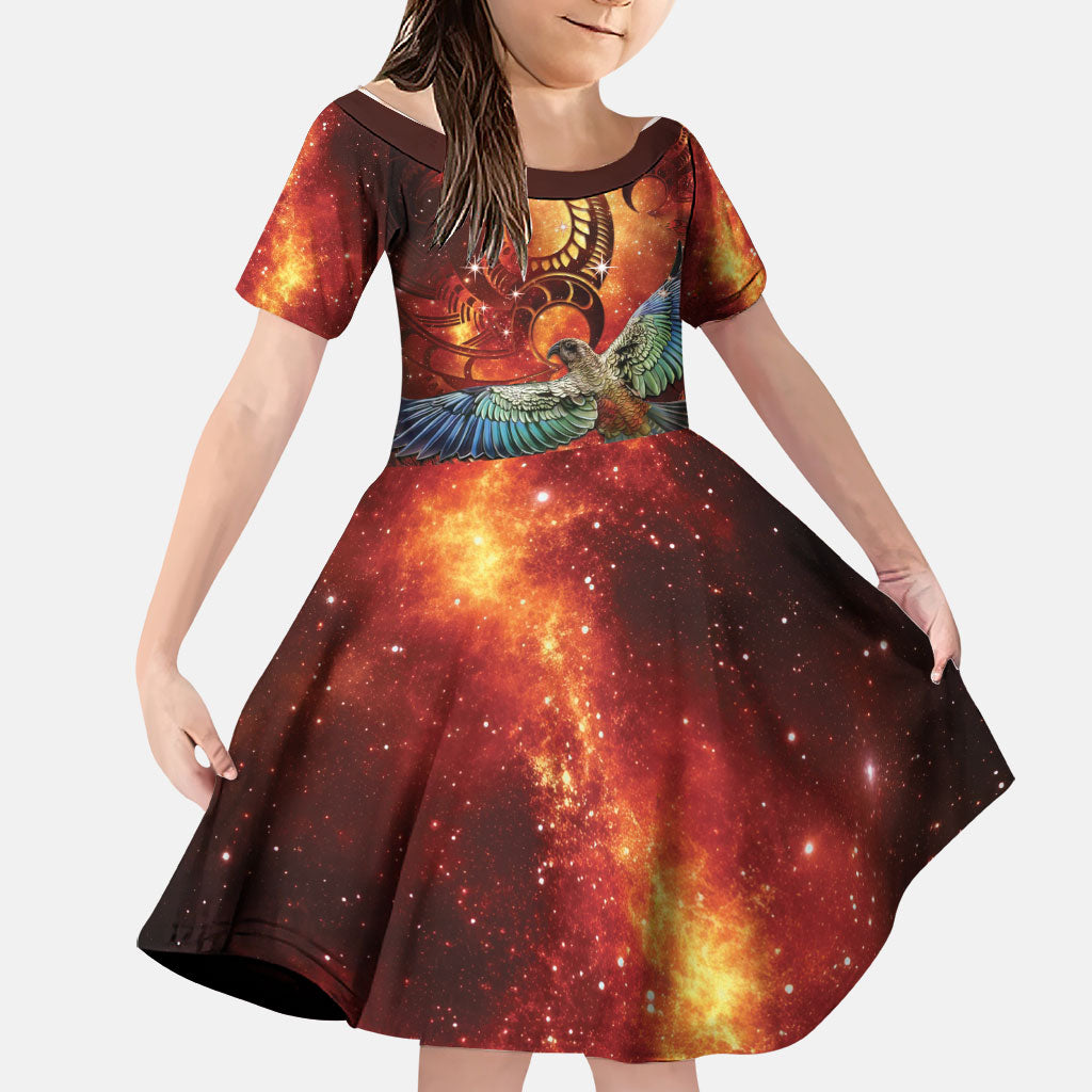New Zealand Kea Bird Matariki Personalised Family Matching Summer Maxi Dress and Hawaiian Shirt Silver Fern Maori Pattern LT22 Daughter's Dress Orange - Polynesian Pride