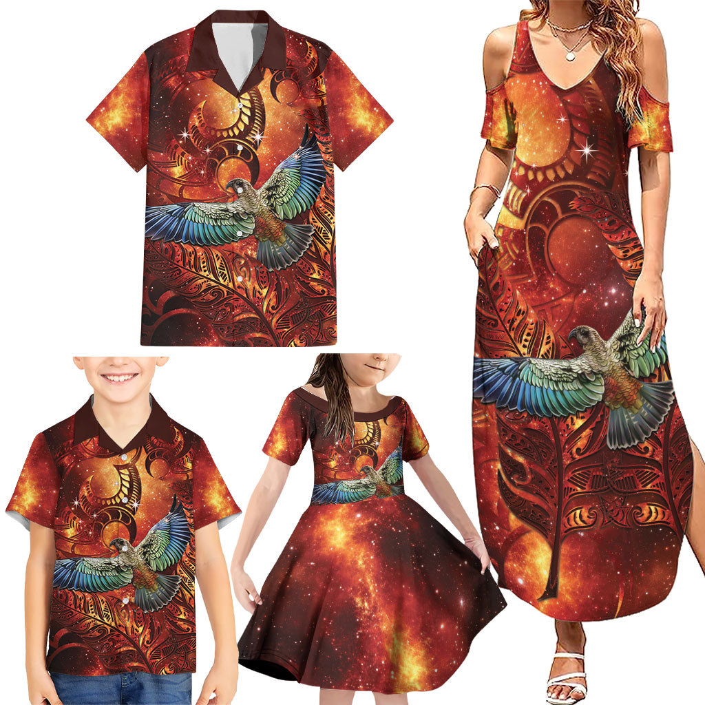 New Zealand Kea Bird Matariki Personalised Family Matching Summer Maxi Dress and Hawaiian Shirt Silver Fern Maori Pattern LT22 - Polynesian Pride