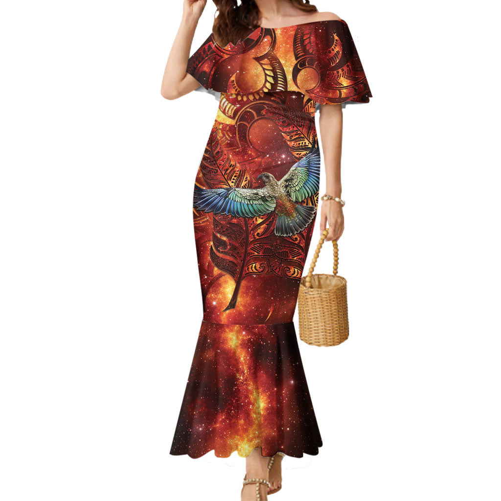 New Zealand Kea Bird Matariki Personalised Mermaid Dress Silver Fern Maori Pattern LT22 Women Orange - Polynesian Pride
