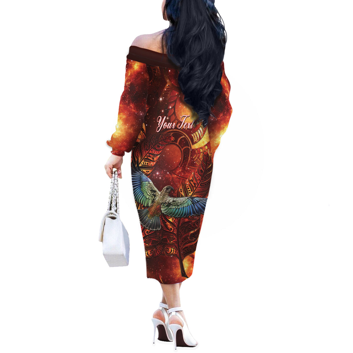 New Zealand Kea Bird Matariki Personalised Off The Shoulder Long Sleeve Dress Silver Fern Maori Pattern LT22 - Polynesian Pride