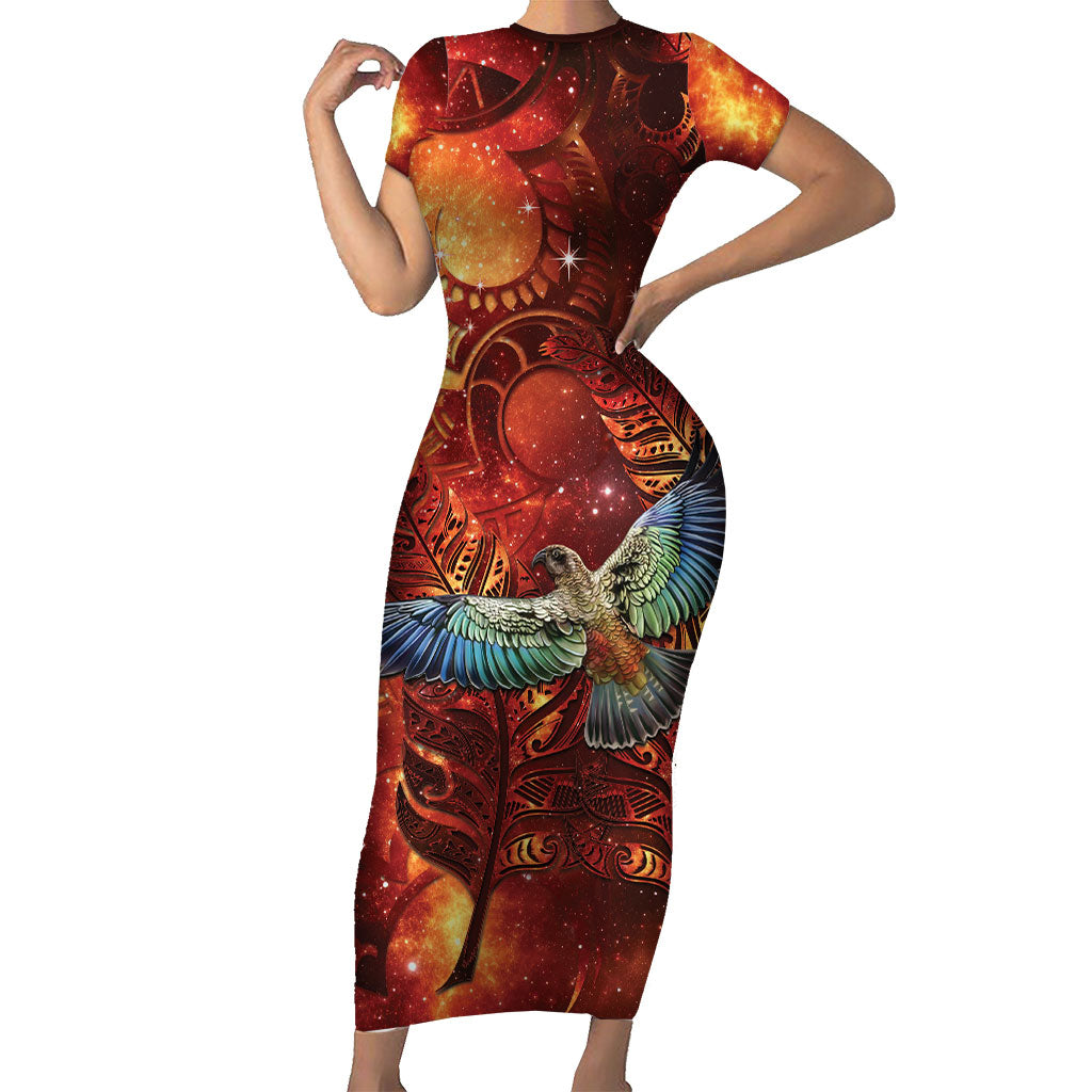New Zealand Kea Bird Matariki Personalised Short Sleeve Bodycon Dress Silver Fern Maori Pattern LT22 Long Dress Orange - Polynesian Pride
