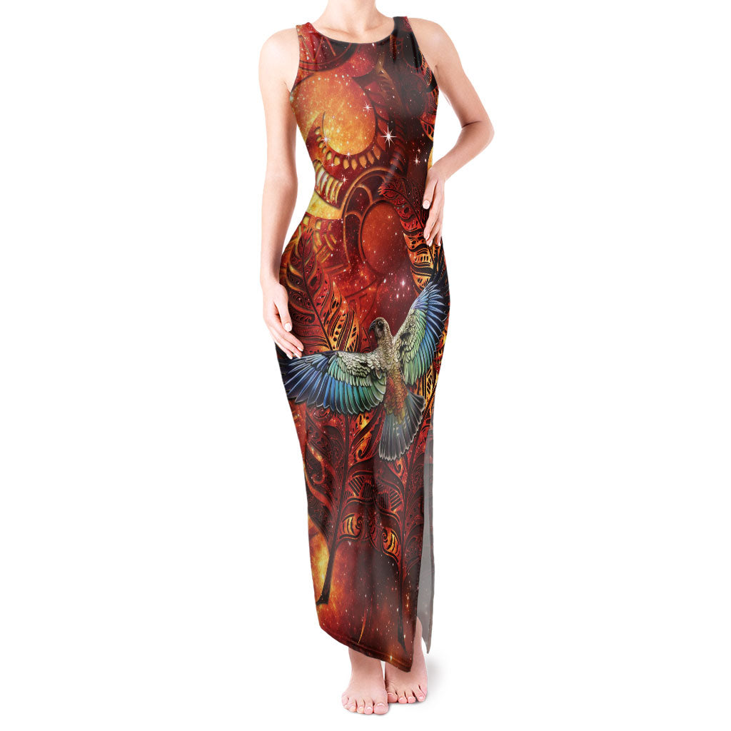 New Zealand Kea Bird Matariki Personalised Tank Maxi Dress Silver Fern Maori Pattern LT22 Women Orange - Polynesian Pride