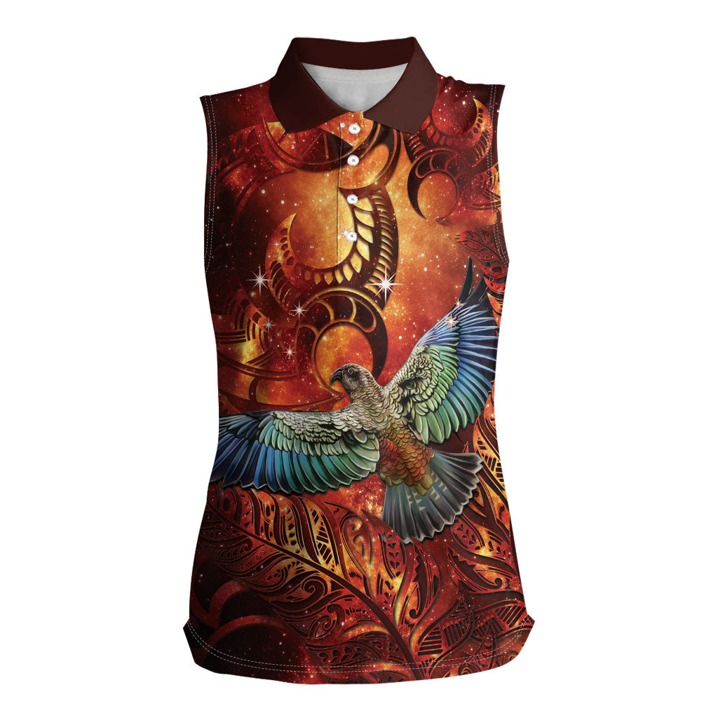 New Zealand Kea Bird Matariki Personalised Women Sleeveless Polo Shirt Silver Fern Maori Pattern