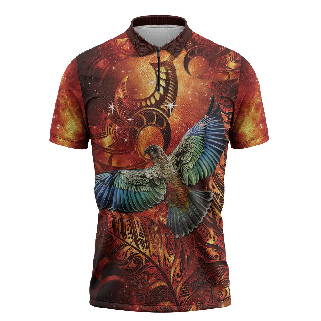 New Zealand Kea Bird Matariki Personalised Zipper Polo Shirt Silver Fern Maori Pattern