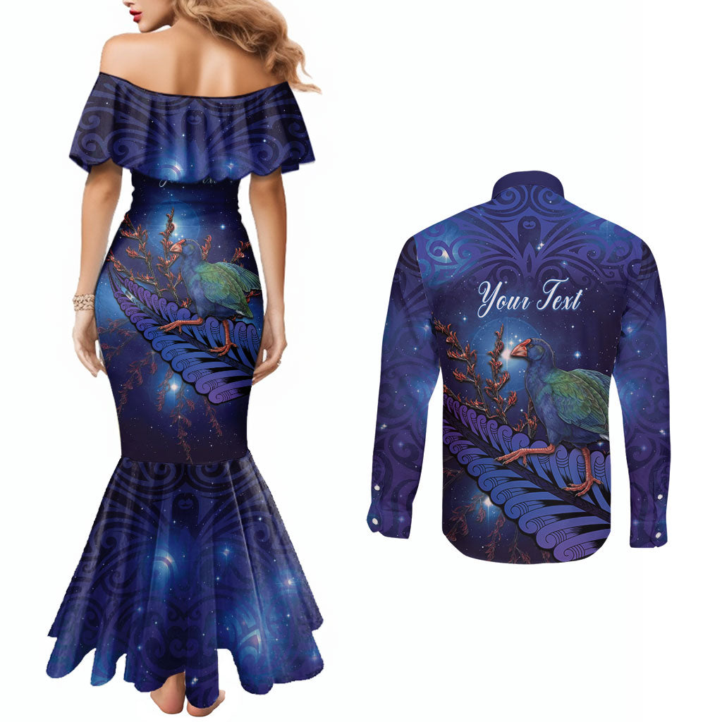 Takahe New Zealand Personalised Couples Matching Mermaid Dress and Long Sleeve Button Shirt Harakeke Silver Fern Maori Pattern LT22 - Polynesian Pride