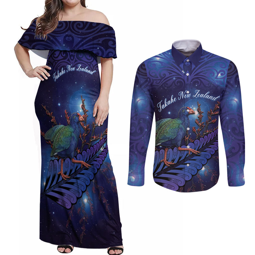 Takahe New Zealand Personalised Couples Matching Off Shoulder Maxi Dress and Long Sleeve Button Shirt Harakeke Silver Fern Maori Pattern LT22 Blue - Polynesian Pride