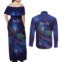 Takahe New Zealand Personalised Couples Matching Off Shoulder Maxi Dress and Long Sleeve Button Shirt Harakeke Silver Fern Maori Pattern LT22 - Polynesian Pride