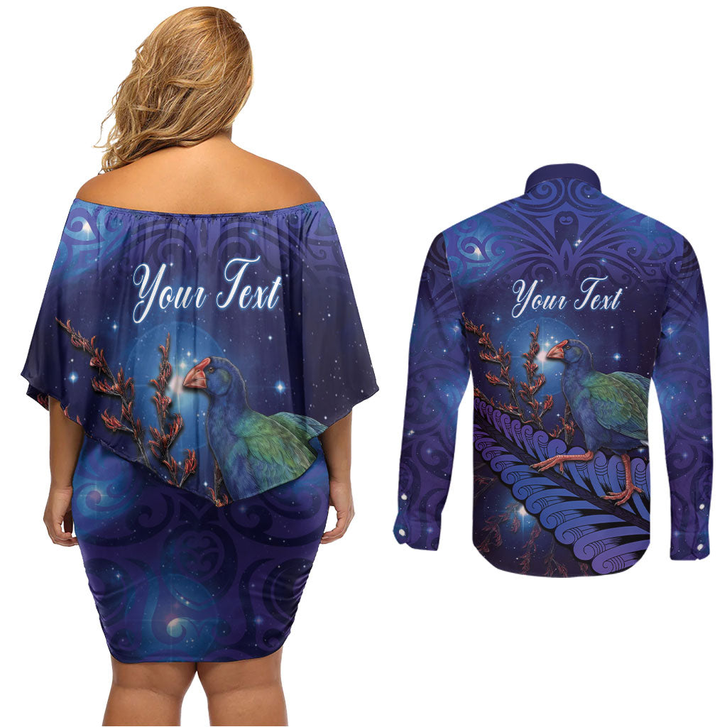 Takahe New Zealand Personalised Couples Matching Off Shoulder Short Dress and Long Sleeve Button Shirt Harakeke Silver Fern Maori Pattern LT22 - Polynesian Pride