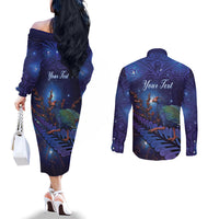 Takahe New Zealand Personalised Couples Matching Off The Shoulder Long Sleeve Dress and Long Sleeve Button Shirt Harakeke Silver Fern Maori Pattern LT22 - Polynesian Pride