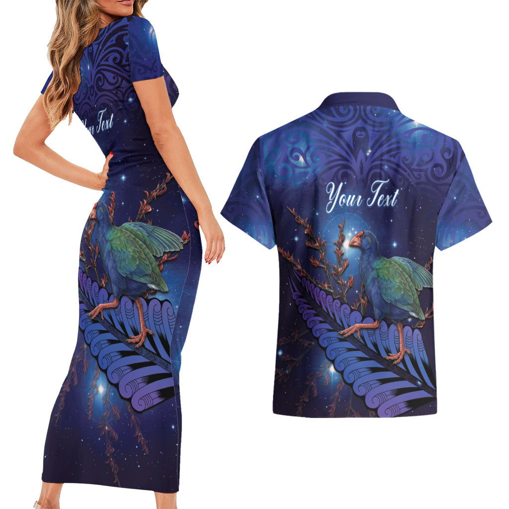 Takahe New Zealand Personalised Couples Matching Short Sleeve Bodycon Dress and Hawaiian Shirt Harakeke Silver Fern Maori Pattern