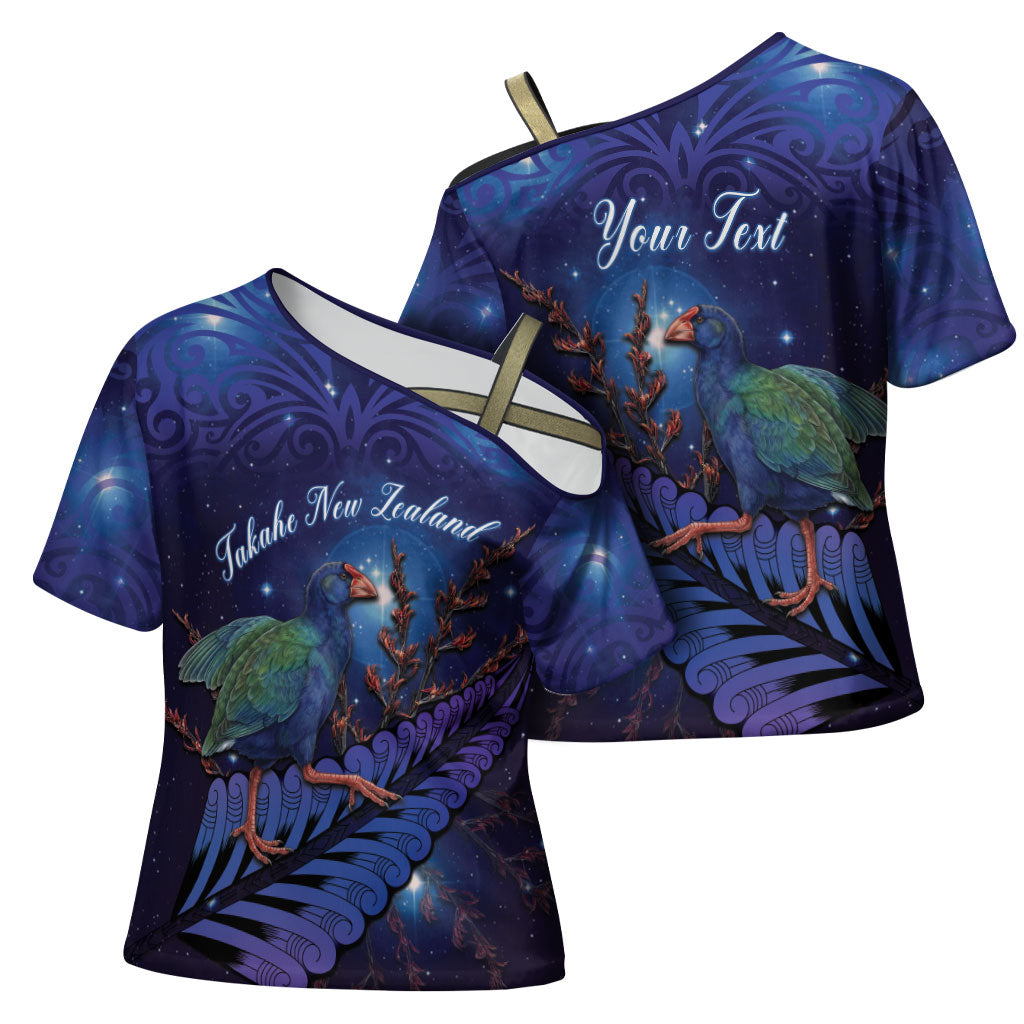 Takahe New Zealand Personalised Cross Shoulder Shirt Harakeke Silver Fern Maori Pattern