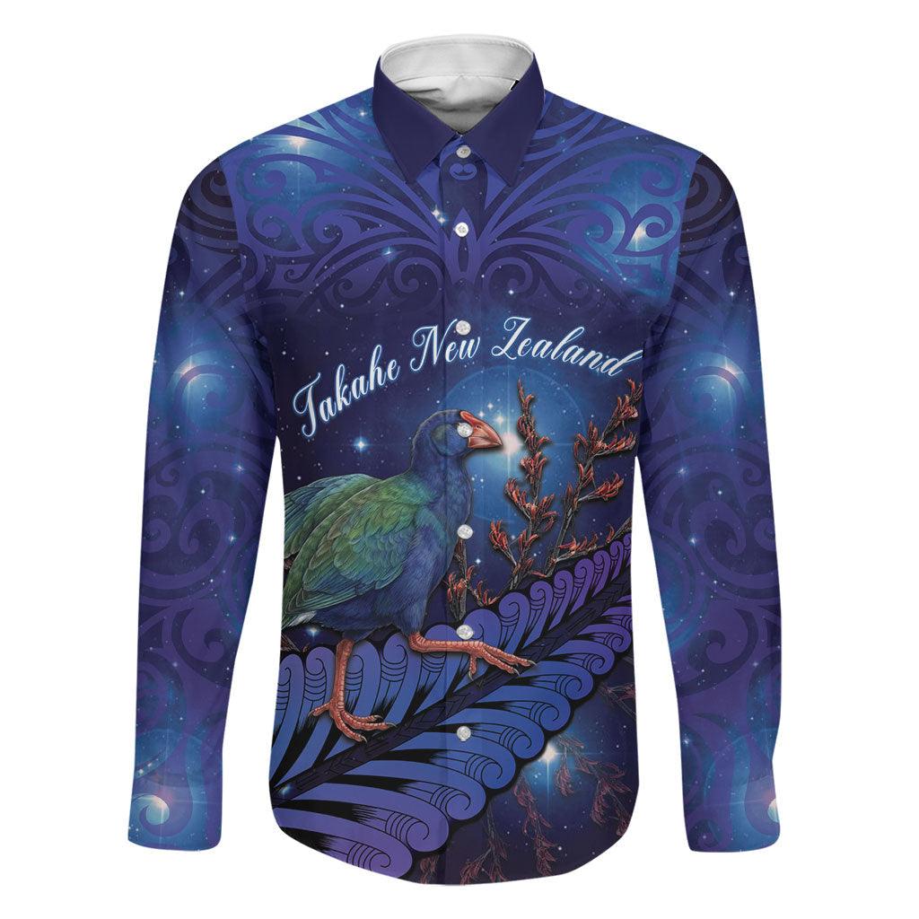 Takahe New Zealand Personalised Family Matching Tank Maxi Dress and Hawaiian Shirt Harakeke Silver Fern Maori Pattern LT22 Dad's Shirt - Long Sleeve Blue - Polynesian Pride