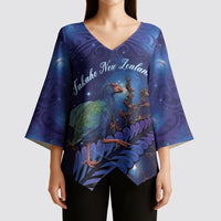 Takahe New Zealand Personalised Kimono Sleeve Blouse Harakeke Silver Fern Maori Pattern