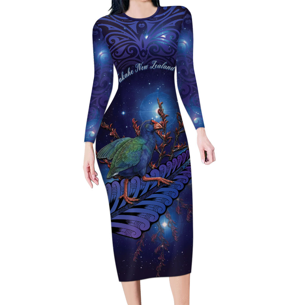 Takahe New Zealand Personalised Long Sleeve Bodycon Dress Harakeke Silver Fern Maori Pattern